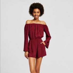 Dark red, off the shoulder, long sleeve romper